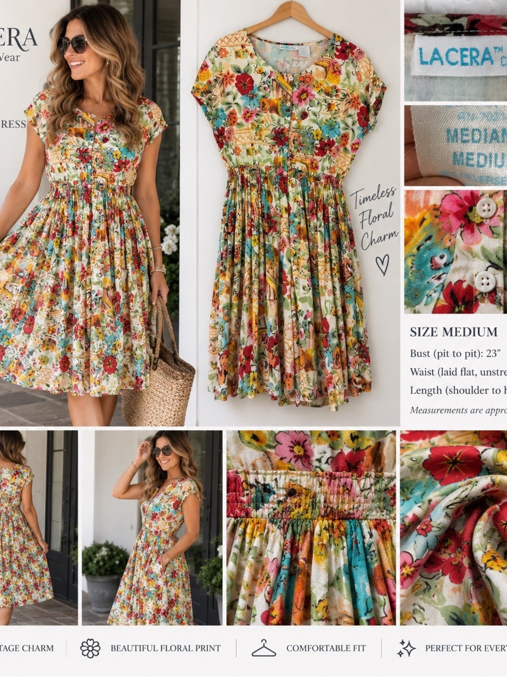 Vintage Floral Mini Dress pleated size medium colorful swing beachy housewife